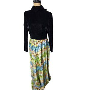 Vintage 1970s Black Velvet Psychedelic Long Sleeve Maxi Dress